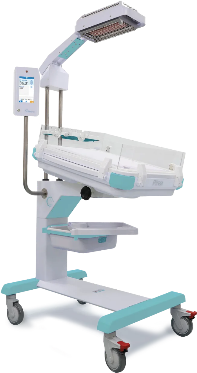 Equipo Bhelius Pirea: bacinete con cuna radiante y fototerapia sobre base rodable.