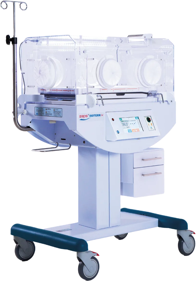Incubadora SAPS Isoterm 2K para el recién nacido, con capelo transparente y base rodable.