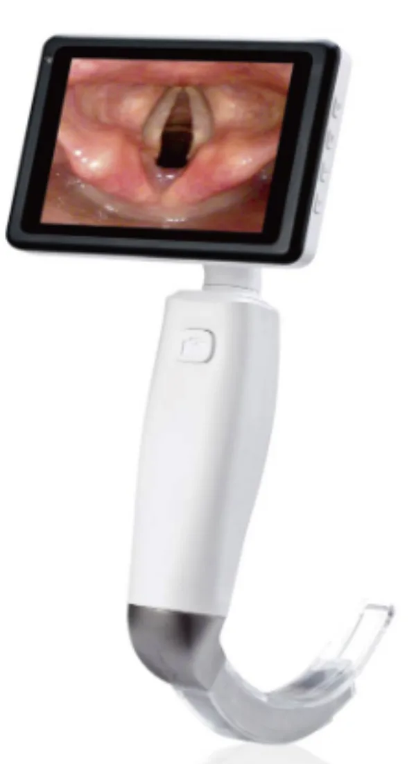 Videolaringoscopio con hoja desechable y pantalla LCD articulada.