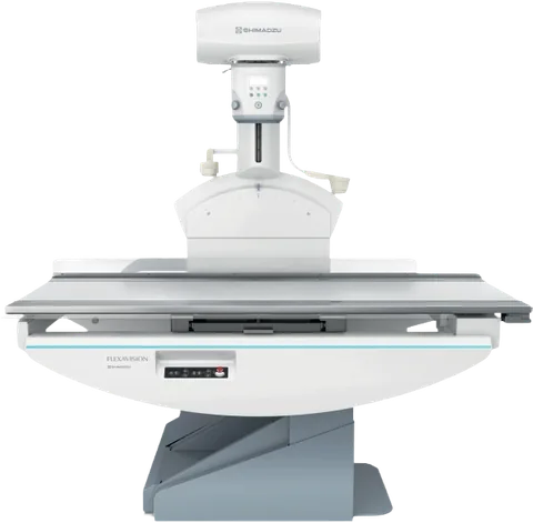 Sistema de rayos X y fluoroscopia digital Shimadzu Flexavision F4, con arco en U y mesa basculante ovalada.
