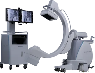 Arco en C móvil Shimadzu Opescope Acteno FD para rayos X y fluoroscopia, con carro de monitores duales.